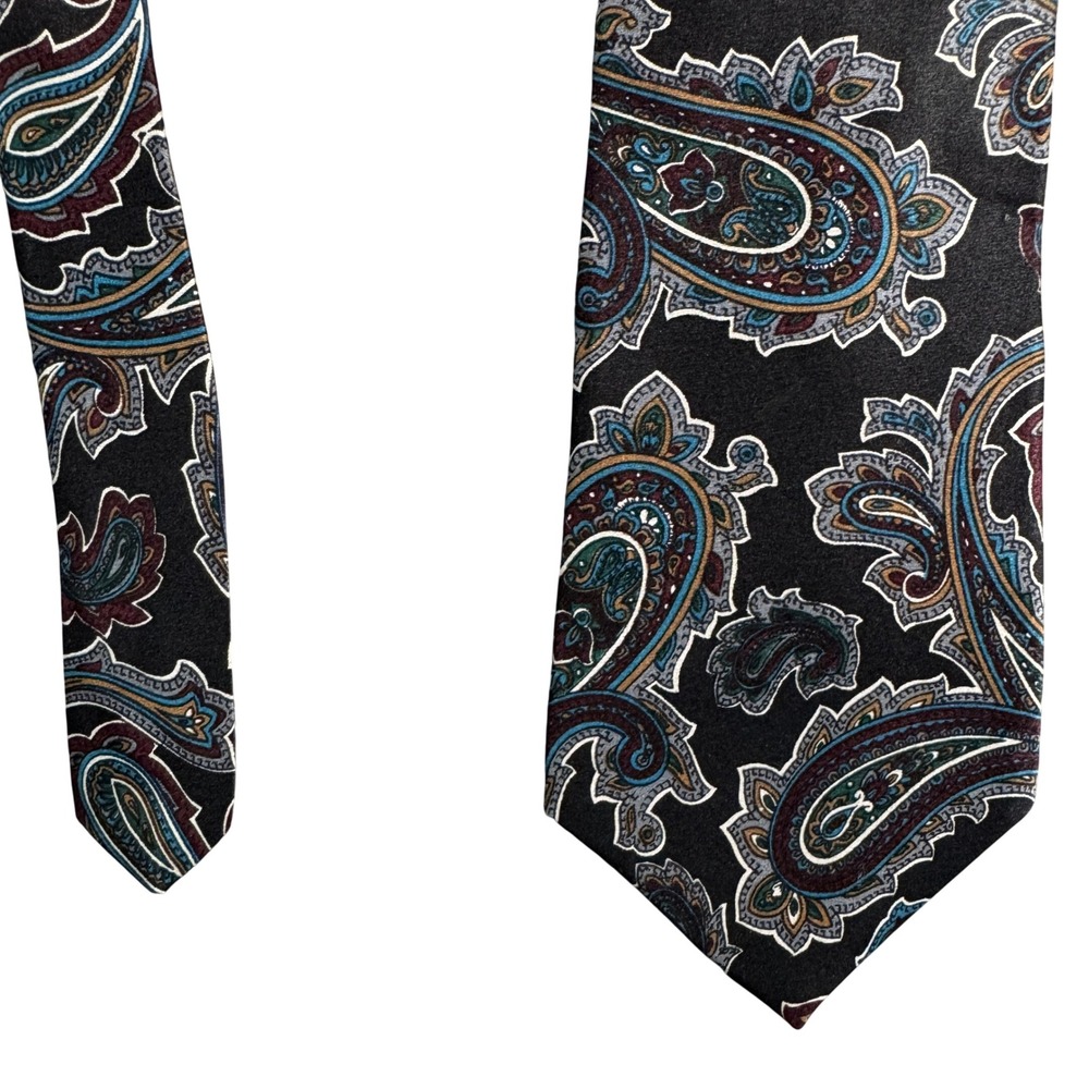 Bert Pulitzer Mens Silk Paisley Tie Black Burgundy Teal Made in USA 1341